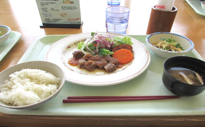 校内食堂 夕食例(サイコロステーキ)